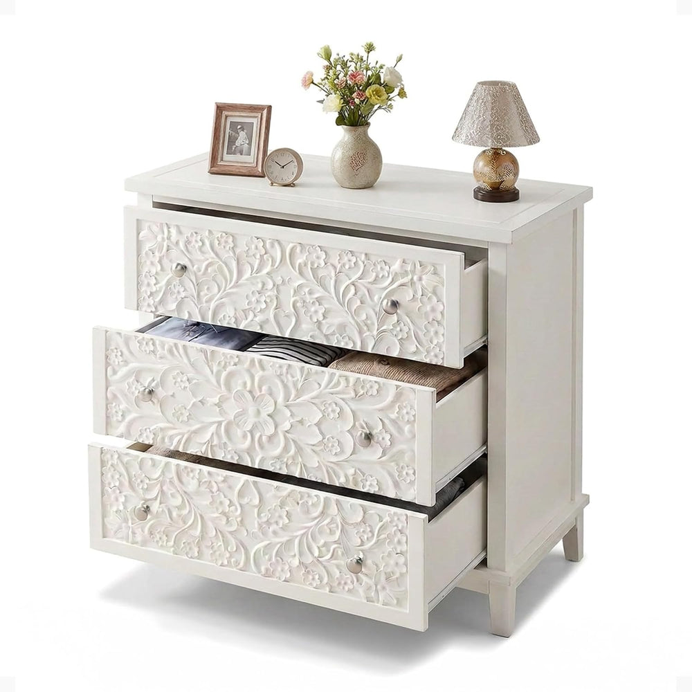 COZAYH Farmhouse 3-Drawer Dresser, Floral Carved, Distressed White-Washed