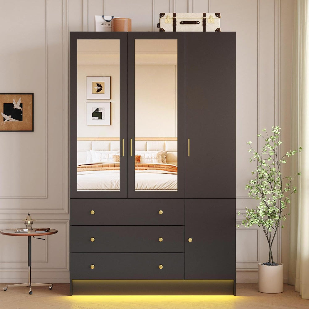 3 Doors LED Armoire Wardrobe Closet with Mirror, 75" Tall Modern Wooden ...