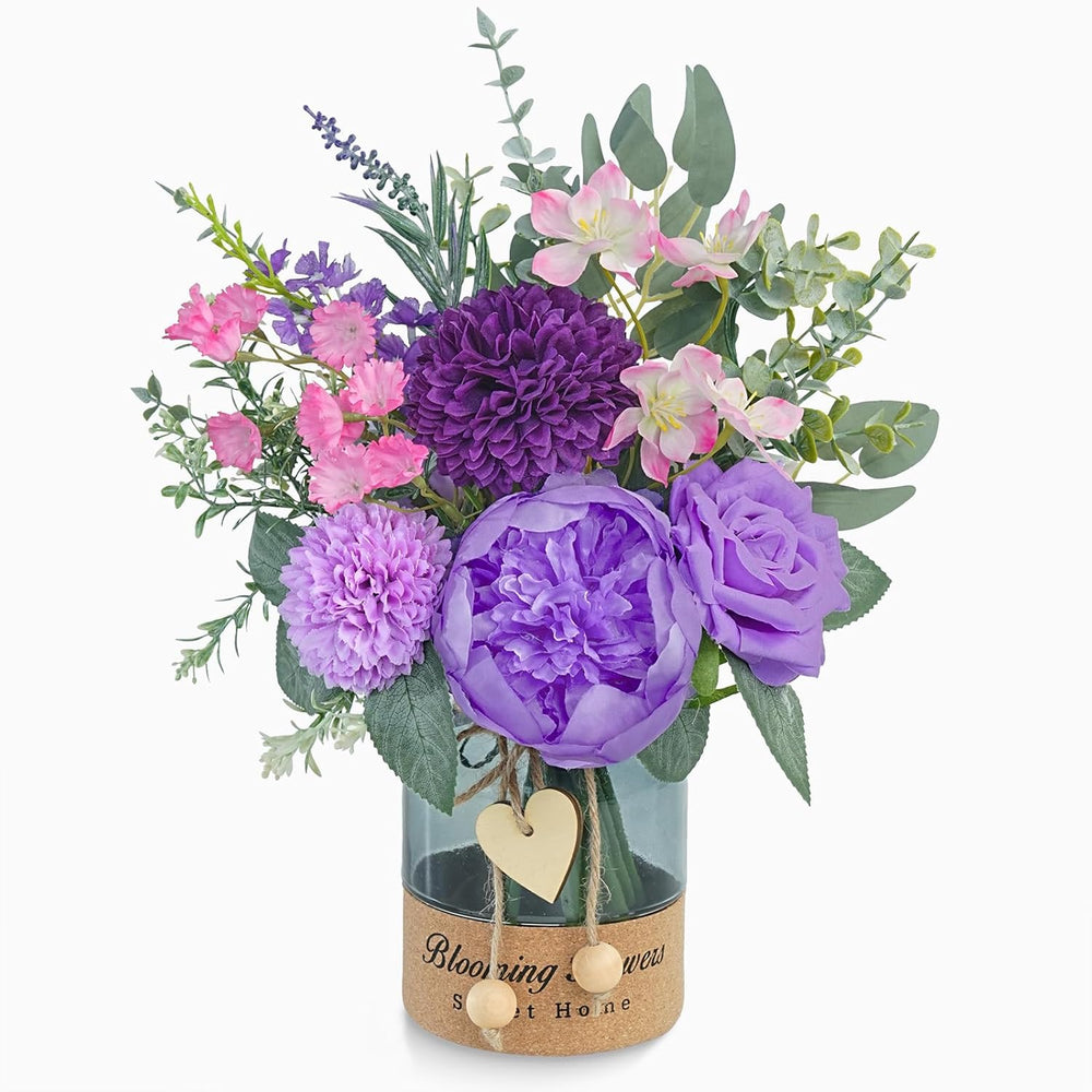 Artificial Purple Flower Arrangement in Glass Vase with Heart Tag