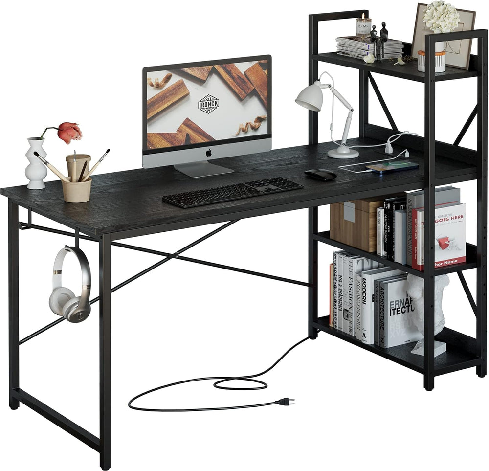 IRONCK Computer Desk 55" with Power Outlet and Storage Shelves, Study Wr...