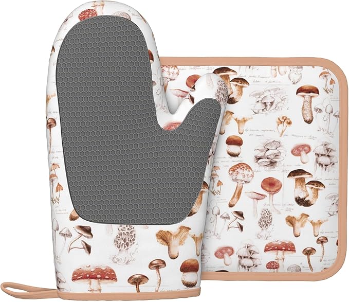 Mushroom Silicone Oven Mitts Pan Mats Set of 2, Heat Resistant Gloves Potholder - Image 3