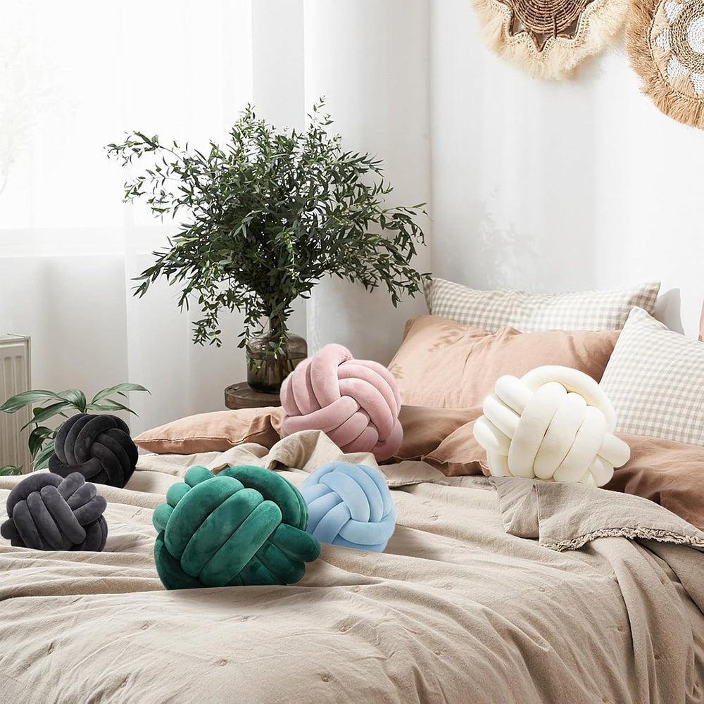 2 Pcs Knot Ball Pillow Sage Throw Pillows Plush Round Cushion 8.7"