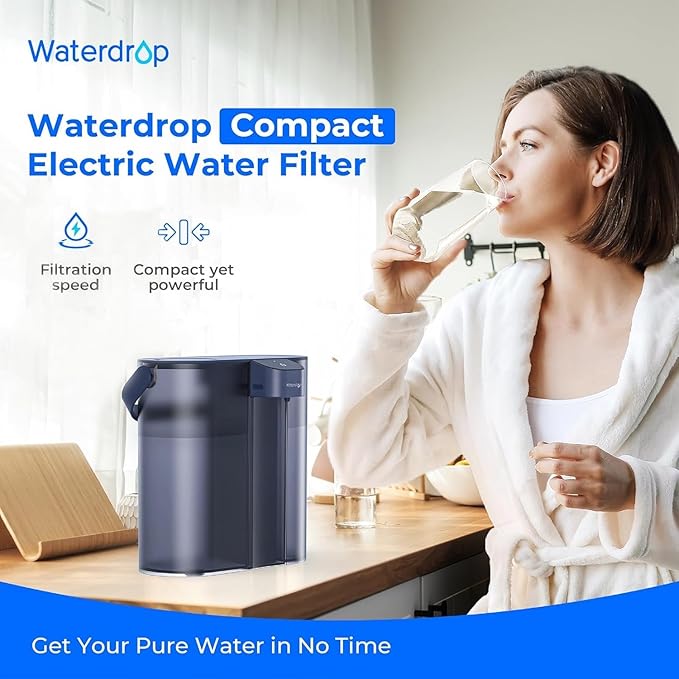 Waterdrop ED02B Compact Electric Water Filter Pitcher, 200-Gallon Rechargeable