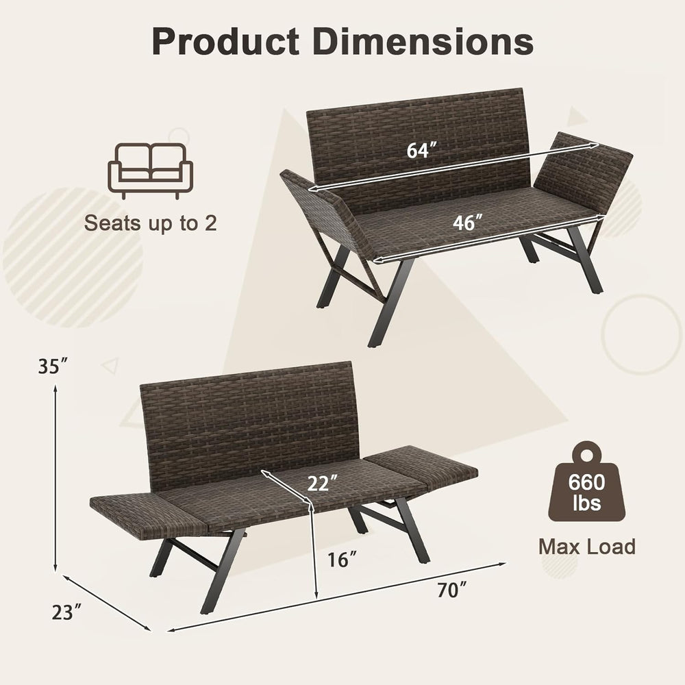 Tangkula Patio Convertible Futon Sofa for 2, Quick Dry Foam Padded Rattan Lov...