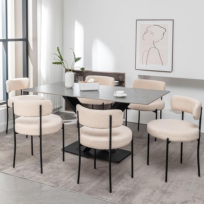 Boucle Dining Chairs Set of 6, Upholstered Dining Room Chairs with Black Meta...