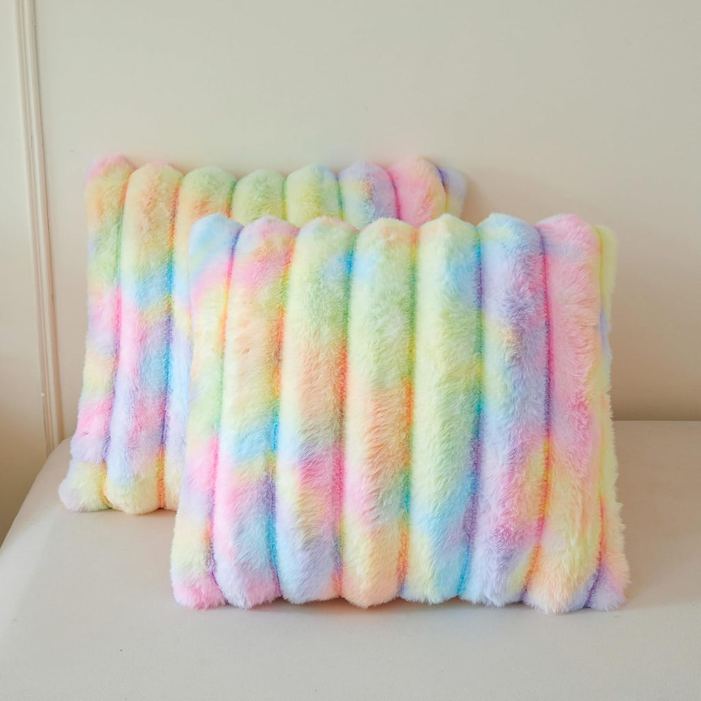 MEGO Faux Rabbit Fur Ribbed Throw Pillow Covers 18x18 Set of 2, Rainbow | Fluffy Striped Square Cushion Covers with Zipper, Tie Dye Furry Washable Pillow Shams, Home Decor for Bed Sofa Chair Office