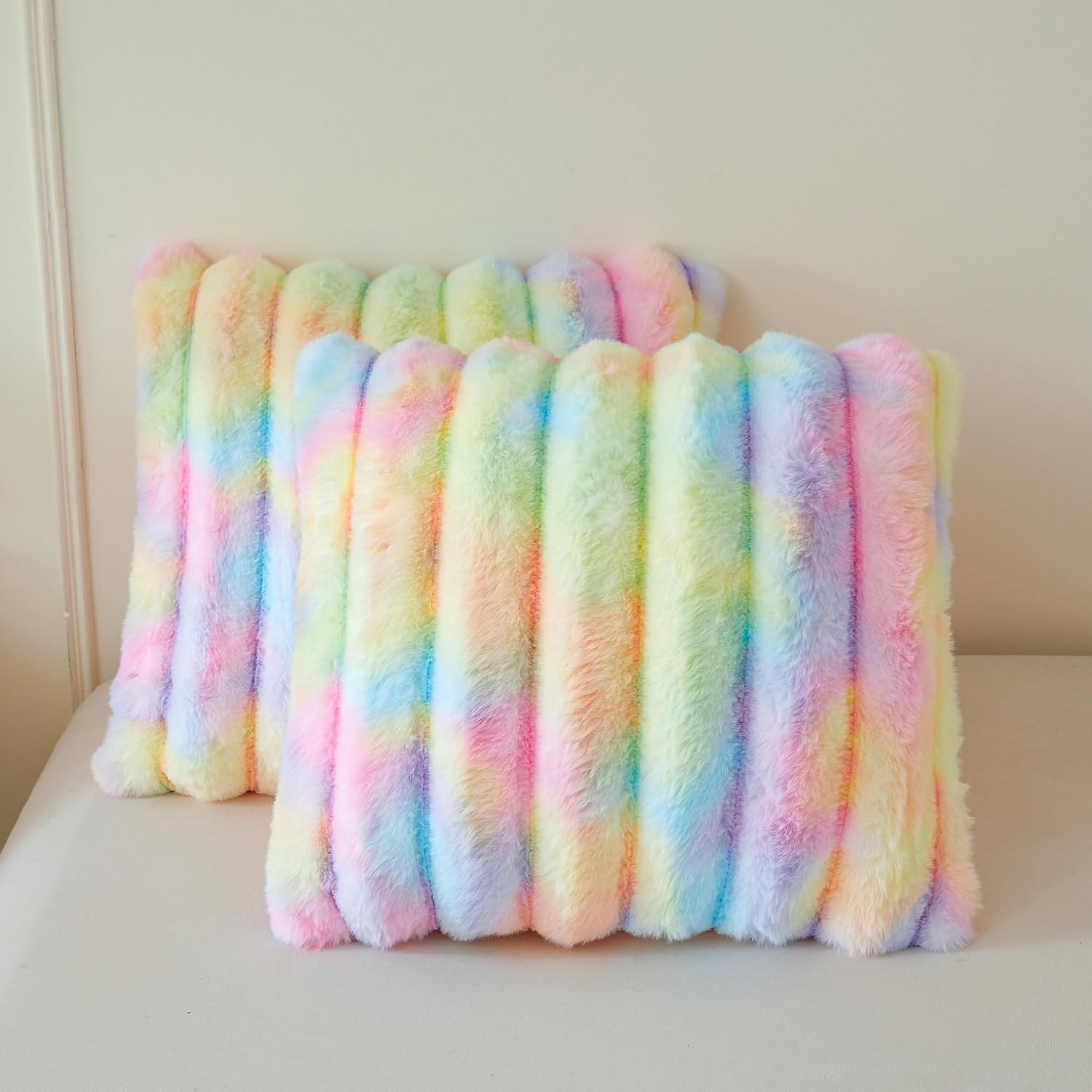 MEGO Faux Rabbit Fur Ribbed Throw Pillow Covers 18x18 Set of 2, Rainbow | Fluffy Striped Square Cushion Covers with Zipper, Tie Dye Furry Washable Pillow Shams, Home Decor for Bed Sofa Chair Office