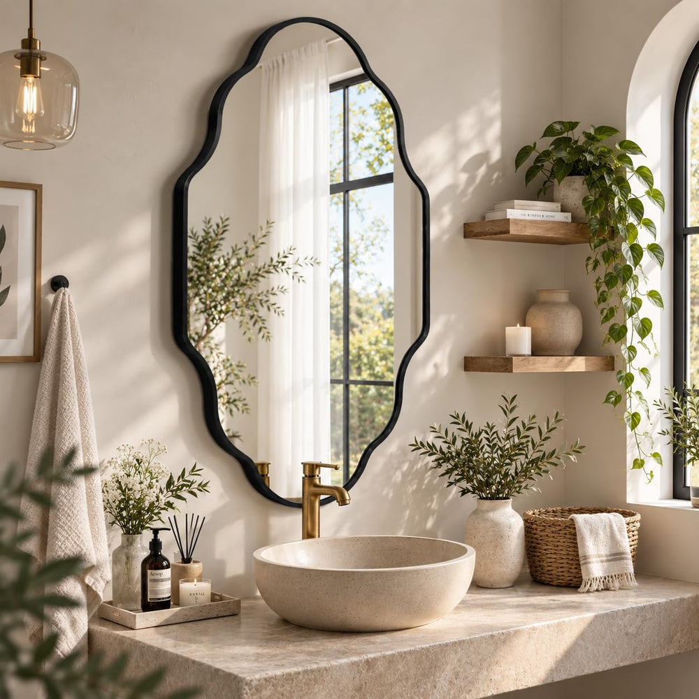 Scalloped Black Bathroom Mirror, Irregular Wall Decorative Mirror