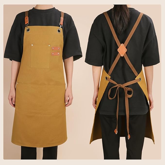 Chef Aprons for Men Women with Large Pockets, Cotton Canvas Water Repellent - Image 4