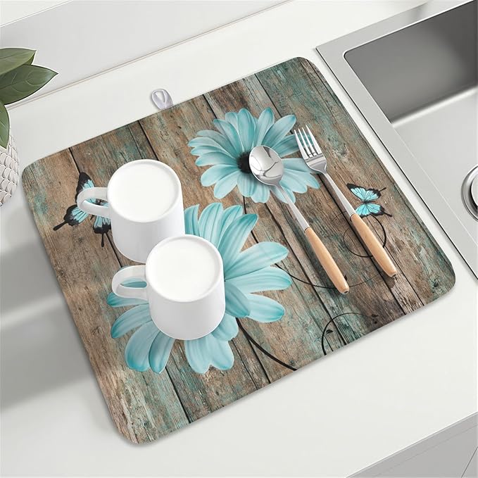 Teal Sunflowers Drying Mat 18x16 Inch, Summer Wooden Board Drying Mat - Image 8