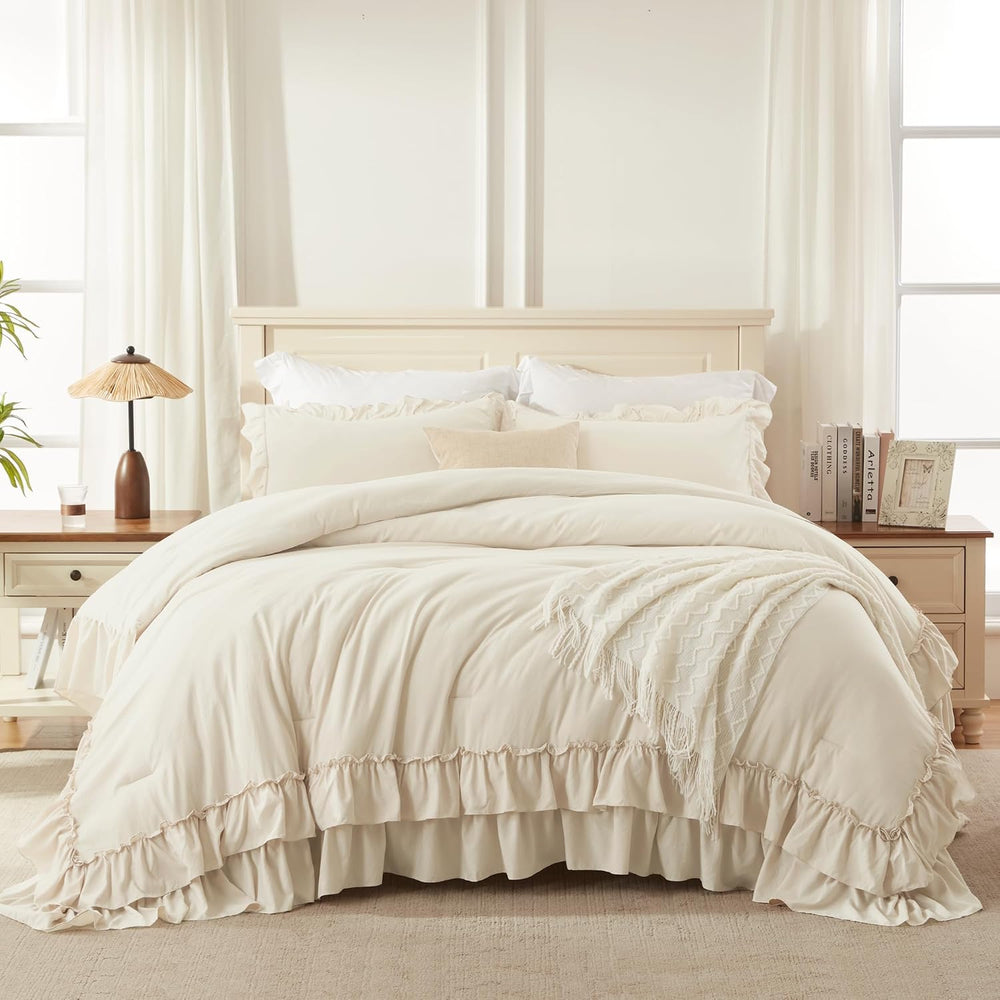 Andency Beige Ruffle Comforter Set King, 3 Pieces Solid Bedding