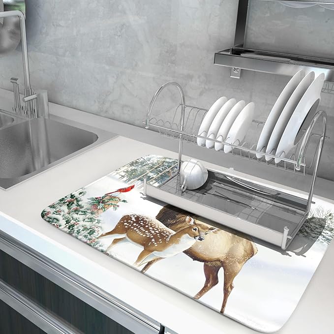 Giwawa Winter Deer Dish Drying Mat 18"x24" Xmas Tree Bird Holly Berry Dish - Image 5