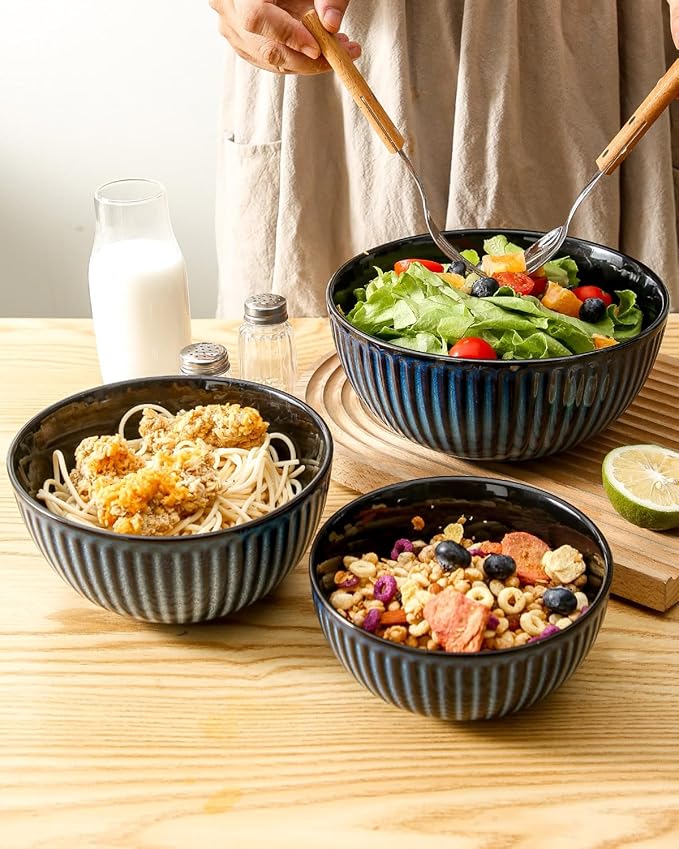 HASENSE Mixing Bowls of 3, Porcelain Ribbed Bowls 1.5/1/0.5 Qt