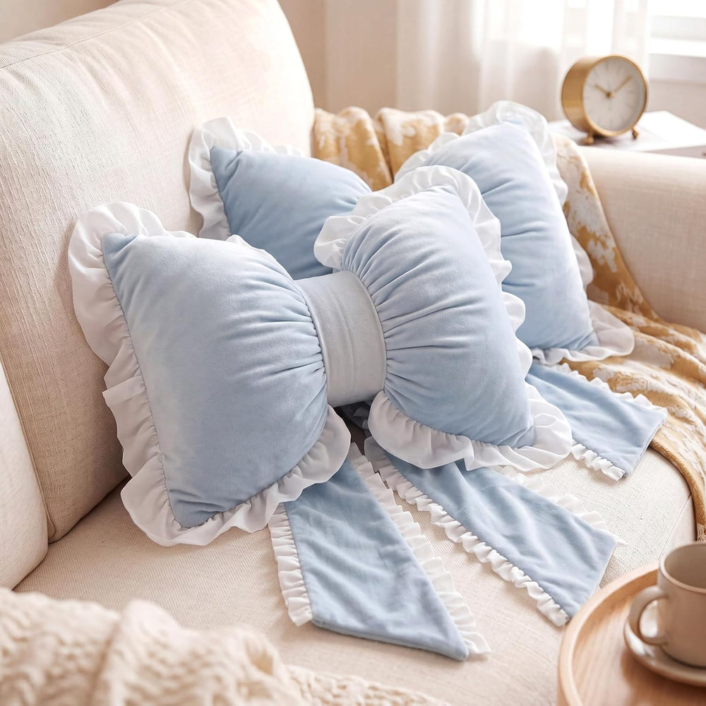 2 Pcs Blue Bow Pillows with Lace Trim 17.72 x 15.75'' Decorative Bow ...
