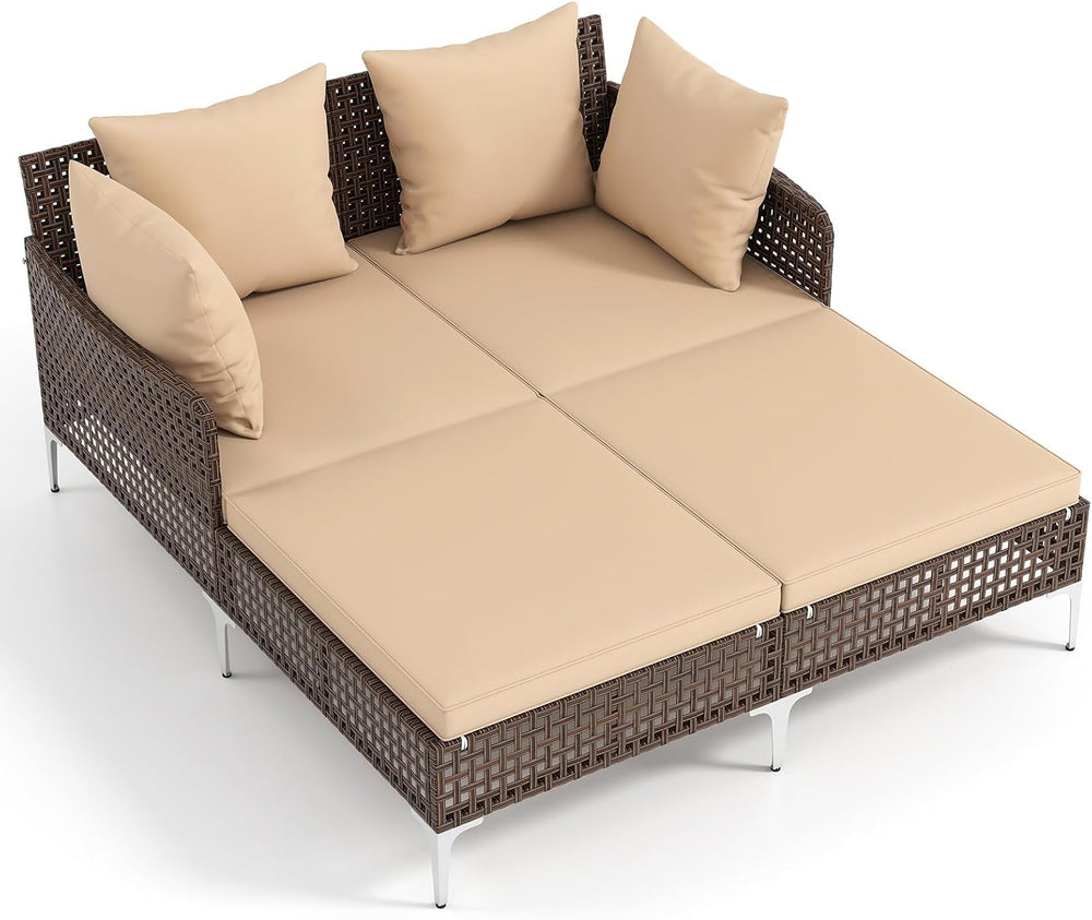 Tangkula Outdoor Rattan Double Daybed, Boho Wicker Chaise Lounge for 2 with S...