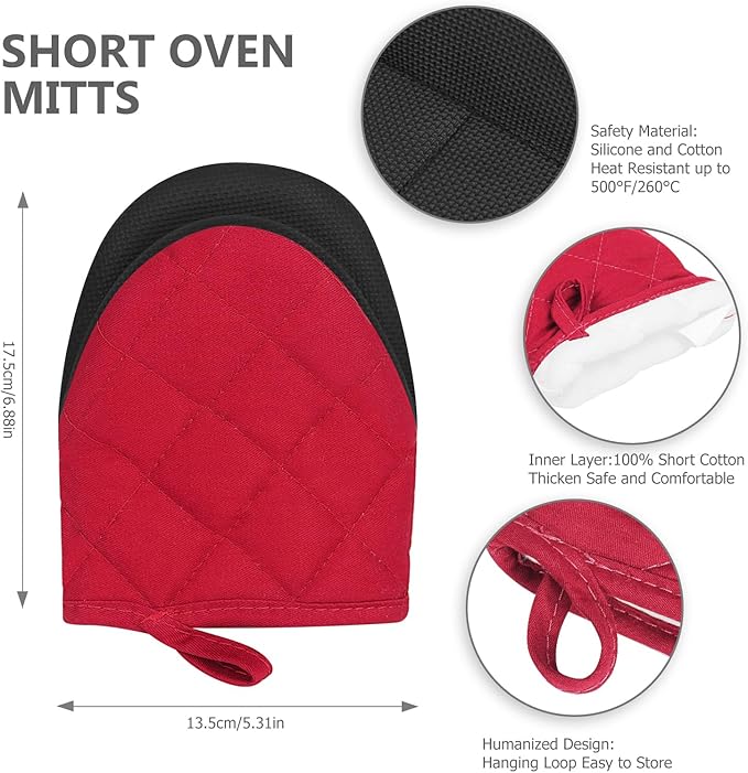 Short Oven Mitts, Heat Resistant 500°F, Silicone Grip Kitchen Gloves, Non-Slip - Image 2
