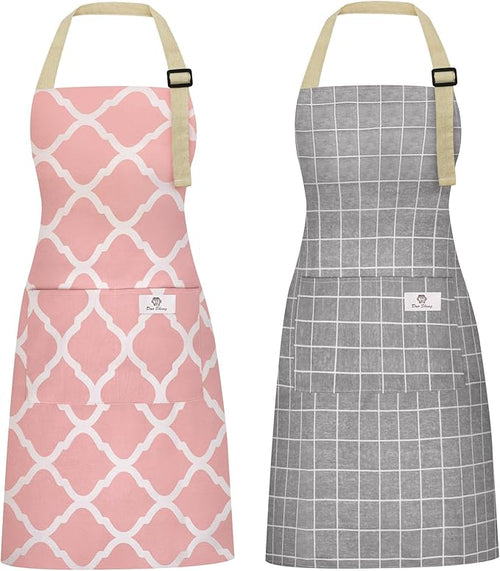 2 Pieces Aprons for Women with Pockets, Cotton Linen Waterproof Kitchen Cooking by Riqiaqia