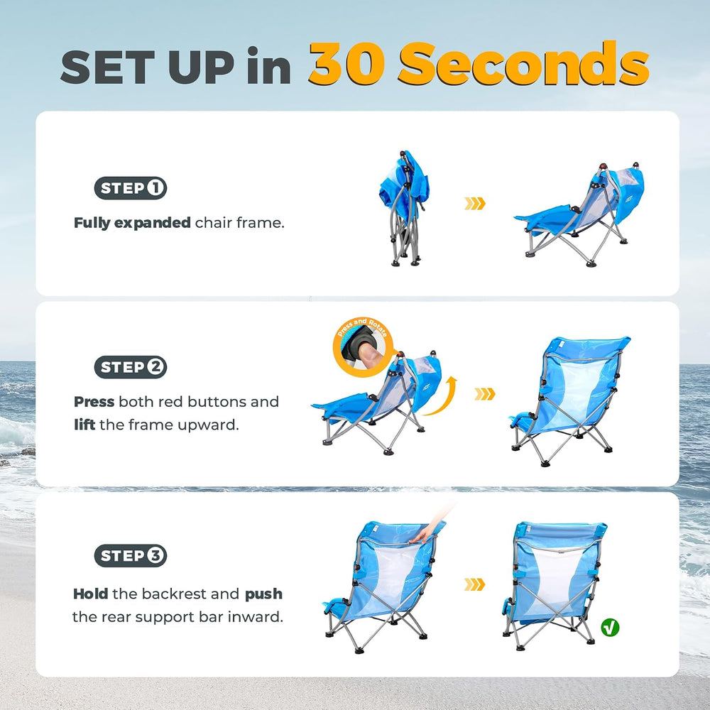2 Pack Low Beach Chairs for Adults with High Back, Support 400LBS