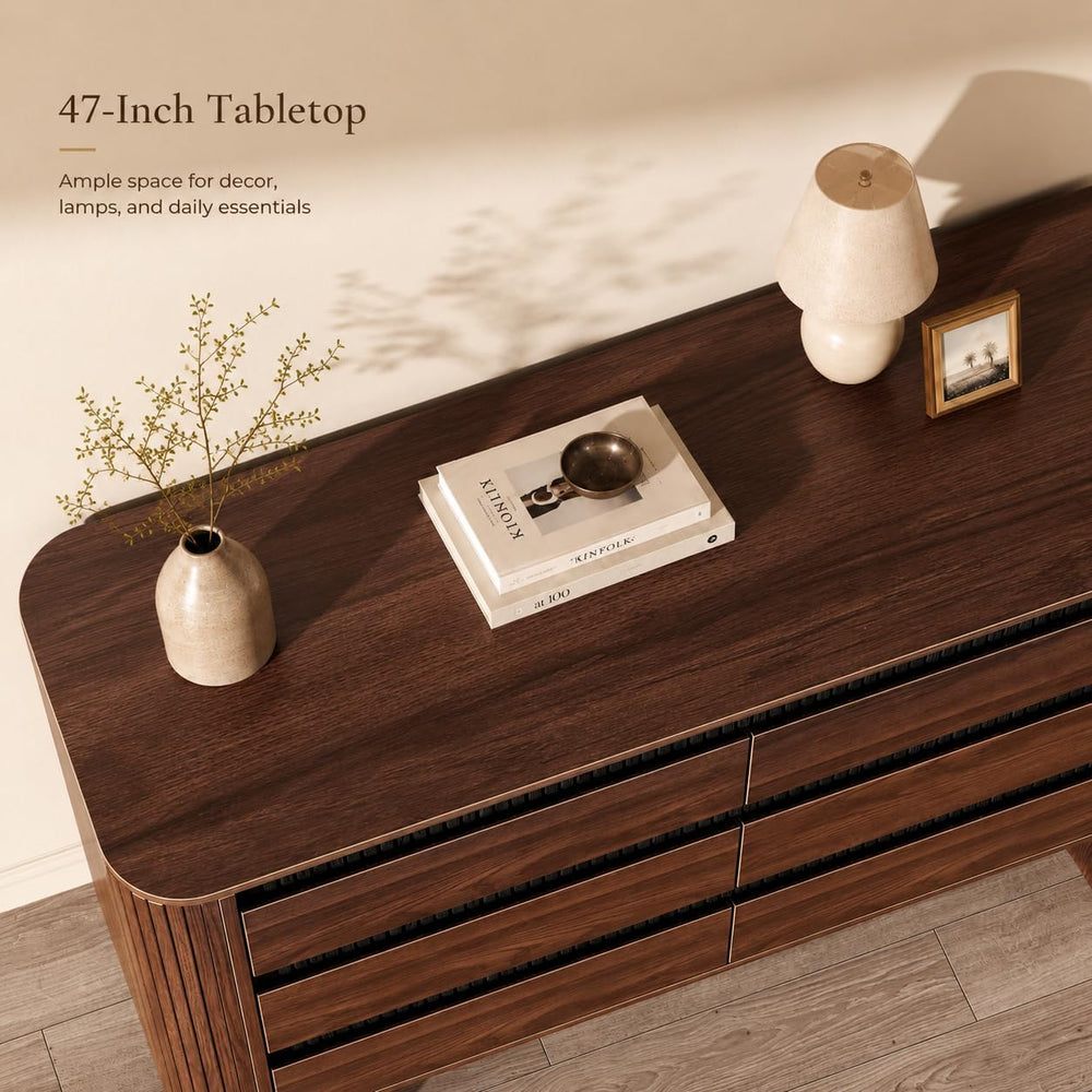 OURPIC Fluted 6 Drawer Dresser for Bedroom, 47W x 31H, Modern Walnut Brown
