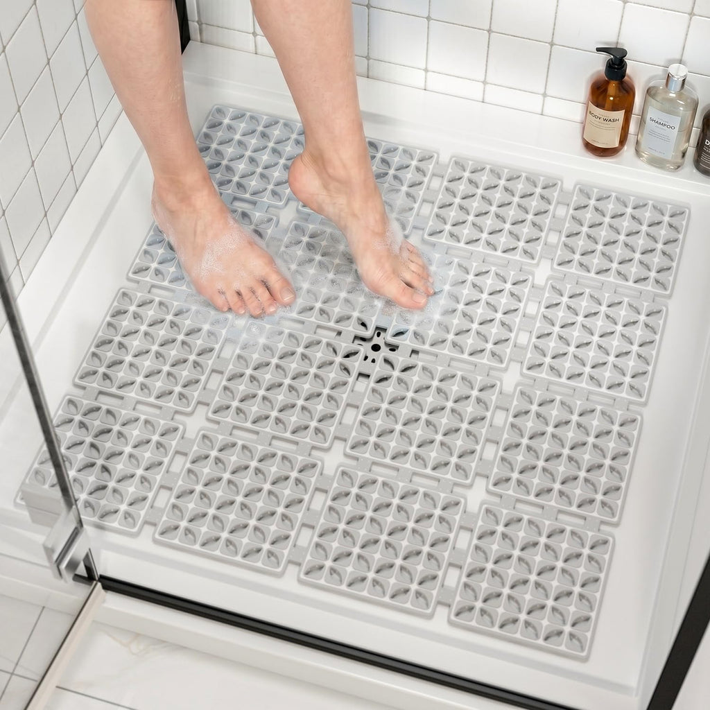 HITSLAM Shower Mat Anti Slip, 24x24 Inch Cut to Fit No Odor Soft TPE Shower Stall Mat, Square Bath Mat with Suction Cups and Drain Holes, Soft on Feet, Grey