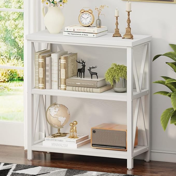 FATORRI Small Bookshelf for Small Space, Short Rustic Low Bookcase, Modern Wo...