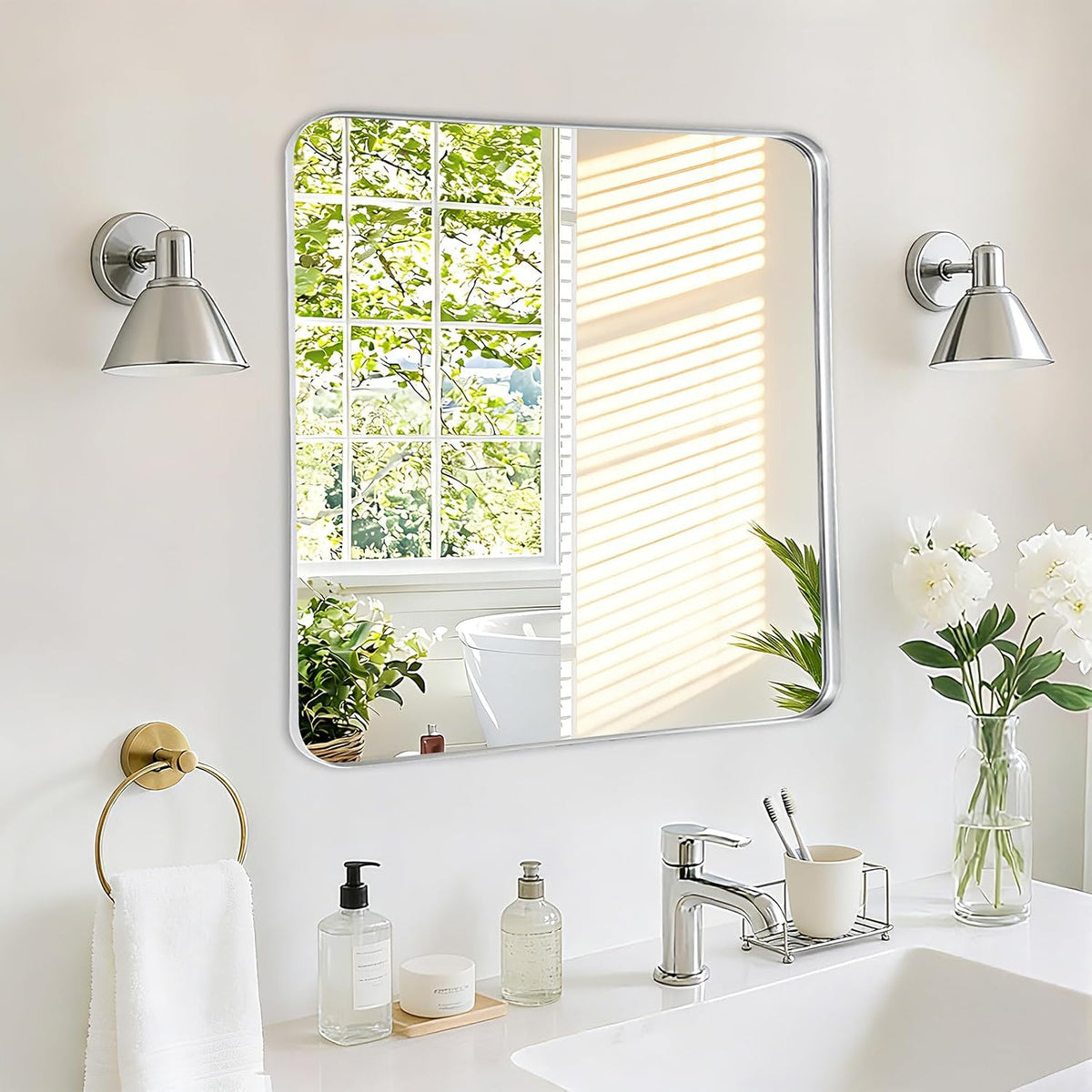 silver bathroom vanity mirror over sink 24x24, wall, main product view