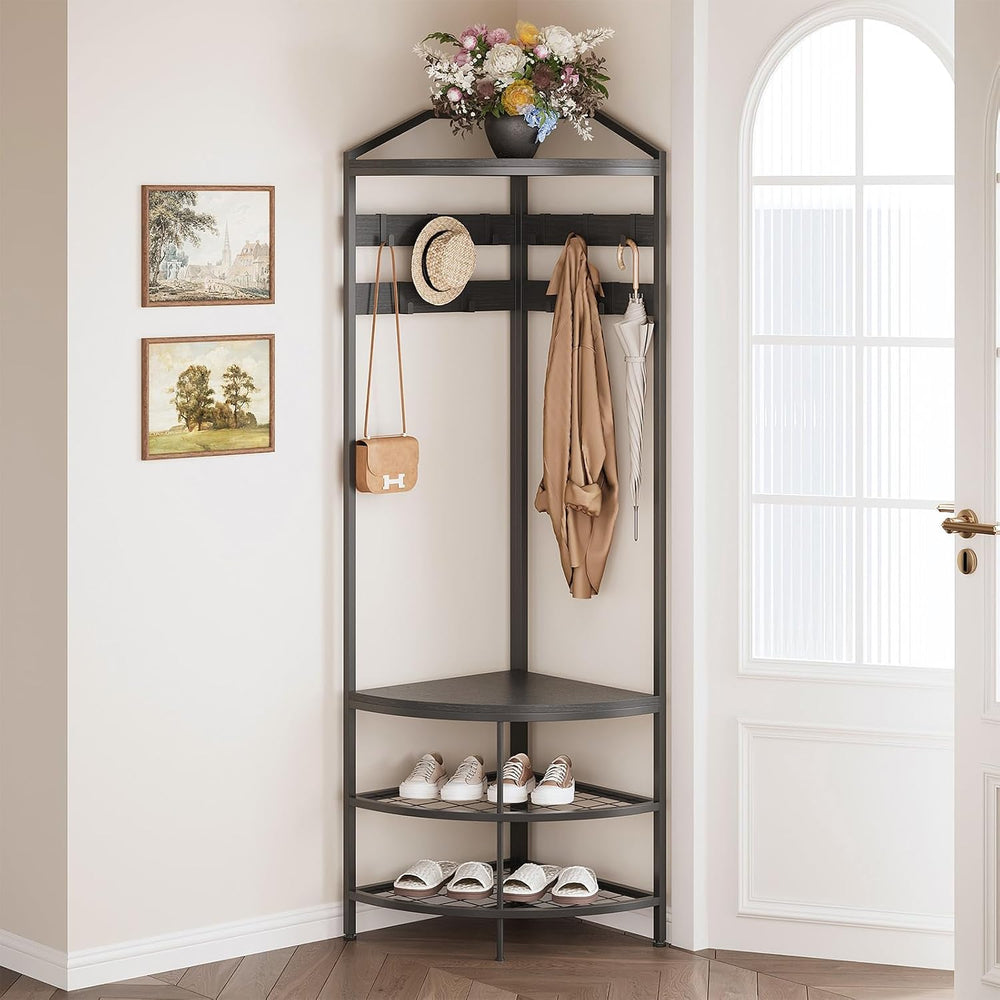 GiftGo Corner Hall Tree with Shoe Bench Entryway Coat Rack with 10 Metal Mova...