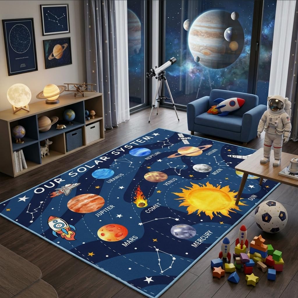Solar Planets Play Rug for Kids, Outer Space Kids Carpet for Boys Room, Playroom, Classroom, Bedroom, Educational Faux Wool Solar System Rug for Children Leaning Galaxy - 3x5 Ft, Cartoon Blue