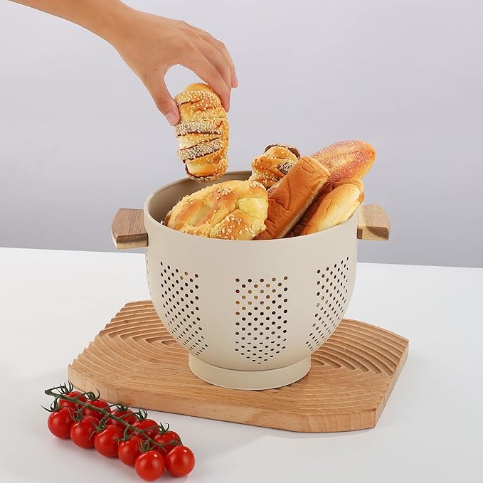 Metal Colander with Wood Handle, 5.5 Quart Powder Coated Steel Large Kitchen