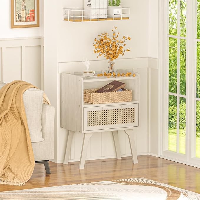 Lerliuo Rattan Nightstand, Side Table with Drawer Open Shelf, Cane Accent Bed...