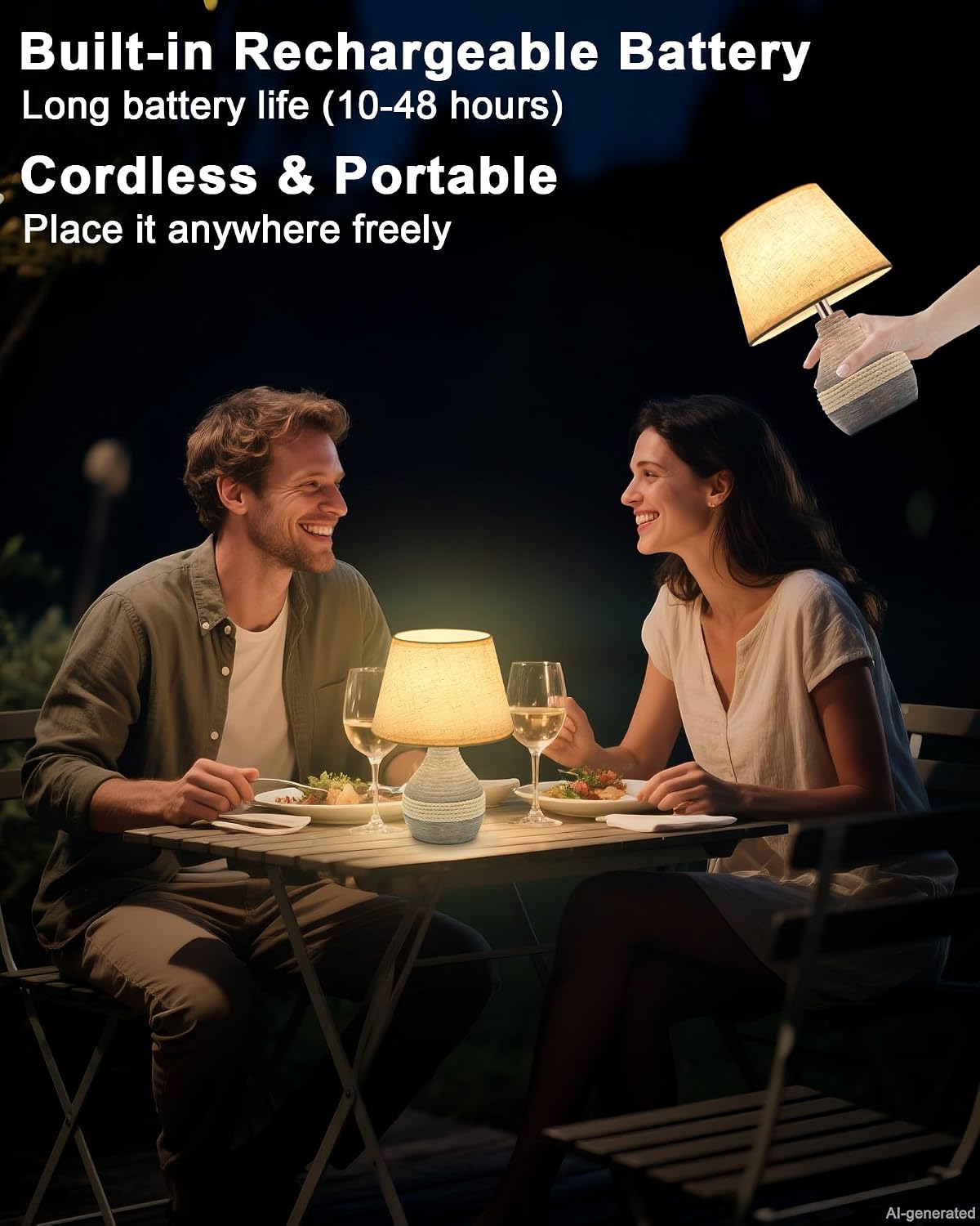 10" h small rechargeable cordless ceramic table lamp shown in use