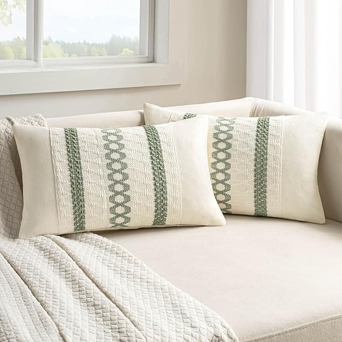 MIULEE Set of 2 Sage Green Boho Decorative Lumbar Pillow Covers 12x20 Inch by MIULEE