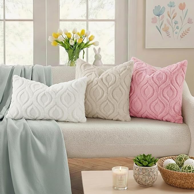 decorUhome Throw Pillow Covers 16x16 Inch Set of 2, Soft Plush Faux Wool Beige - Image 3