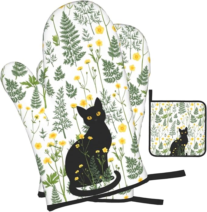 Black Cat Wildflower Hot Pads and Oven Mitts Set of 3, Spring Summer Plants - Image 2
