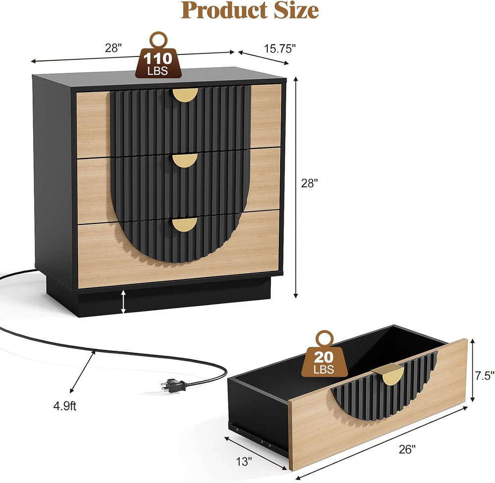 3 Drawer Nightstand with Charging Station, 28" Fluted Night Stand & ...