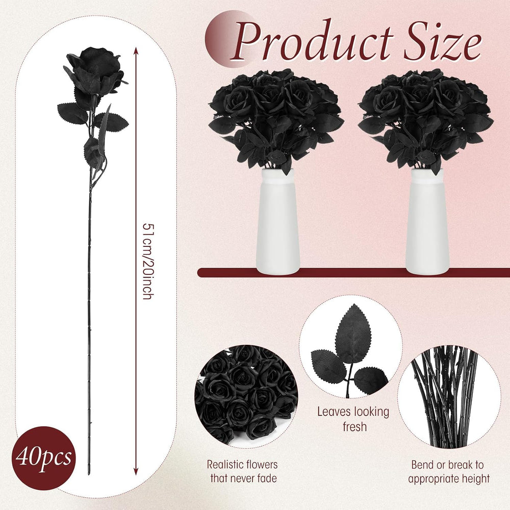 Hotop 40 Pcs Artificial Roses Bulk, Long Stem Fake Flowers, Solid Black