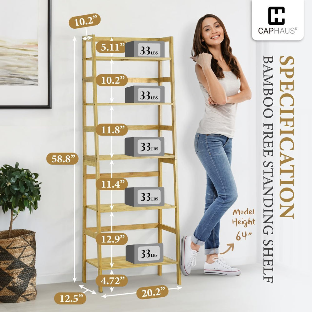 CAPHAUS Bookshelf, 5-Tier Bookcase, Tall Ladder Shelf with Bamboo Frame,Frees...