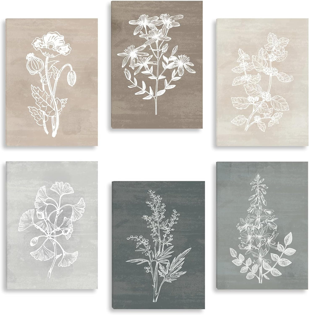 BINCUE Neutral Botanical Canvas Wall Art Simple Plant Wall Decor Rustic Flowe...