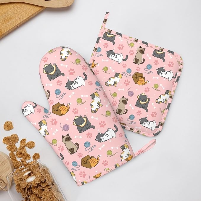 Cute Cats Oven Mitts and Pot Holders Sets Heat Resistant Non-Slip Silicone Oven - Image 8