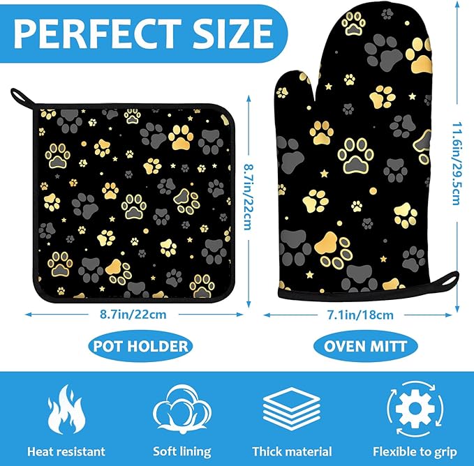 Gold Dog Paw Print Oven Mitts and Pot Holders Sets Heat Resistant 4Pcs - Image 2