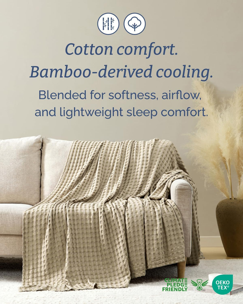 Cooling Waffle Blanket for Hot Sleepers - Queen Size, 90x90, Taupe