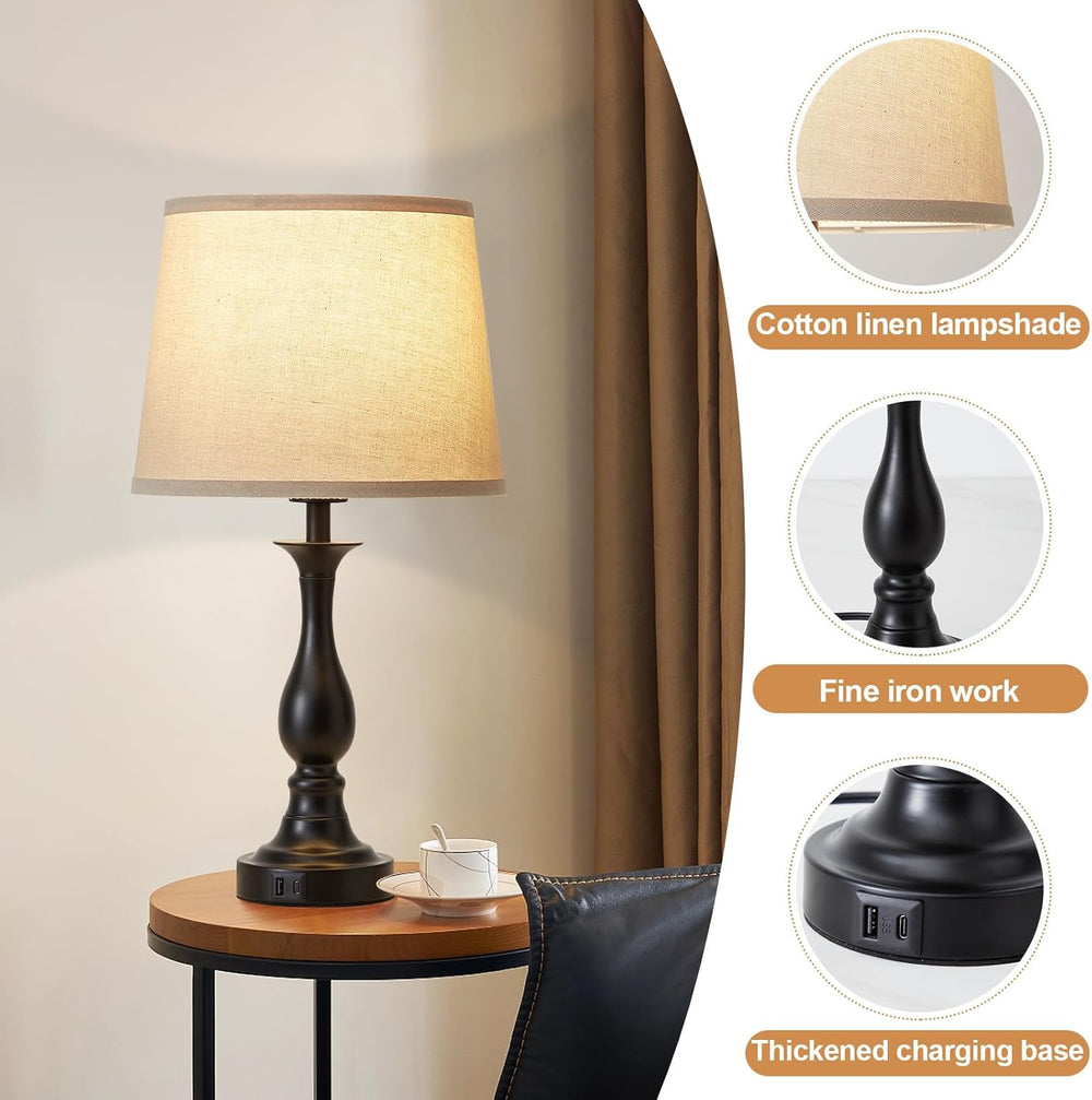 Touch Lamps for Nightstand Set of 2, Bedside Table Lamp USB C+A Ports
