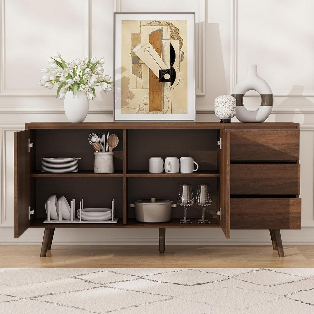 60" Buffet Cabinet with 3 Drawers and 2 Doors, Dark Brown