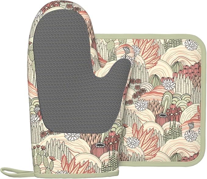 Cactus Succulent Silicone Oven Mitts Pan Mats Set of 2, Heat Resistant Gloves - Image 2