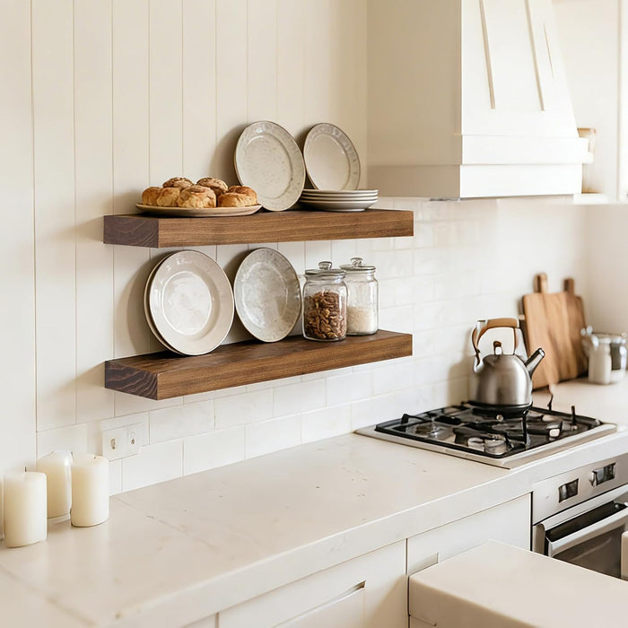 16x6.8x1.7in Solid Wood Floating Wall Shelf Set of 2 Oak Finish