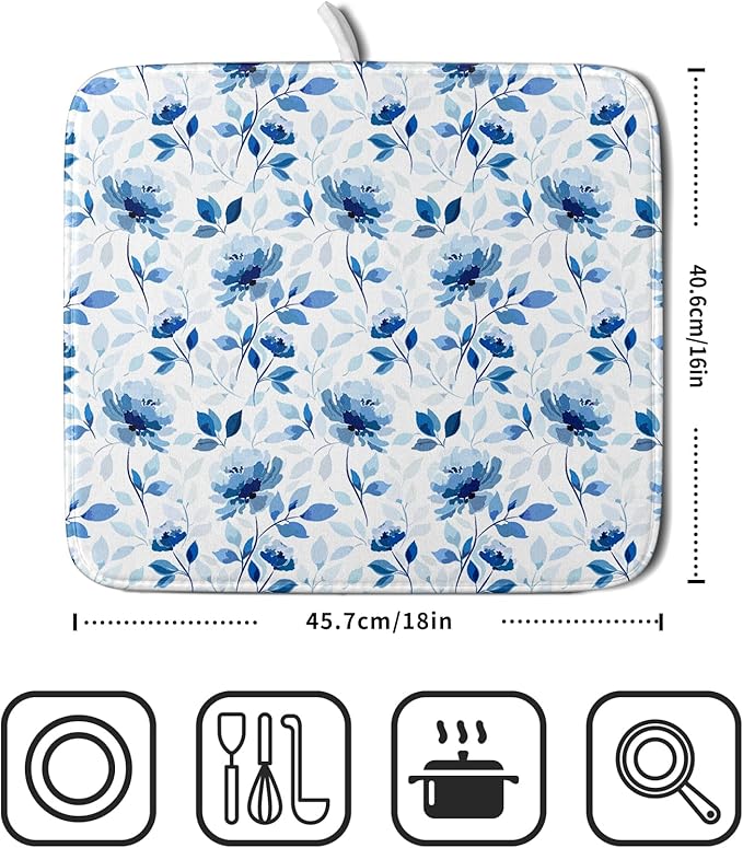 Blue Floral Dish Drying Mat 16x18 inch Flower Leaves Dish Rack Pad Microfiber - Image 2