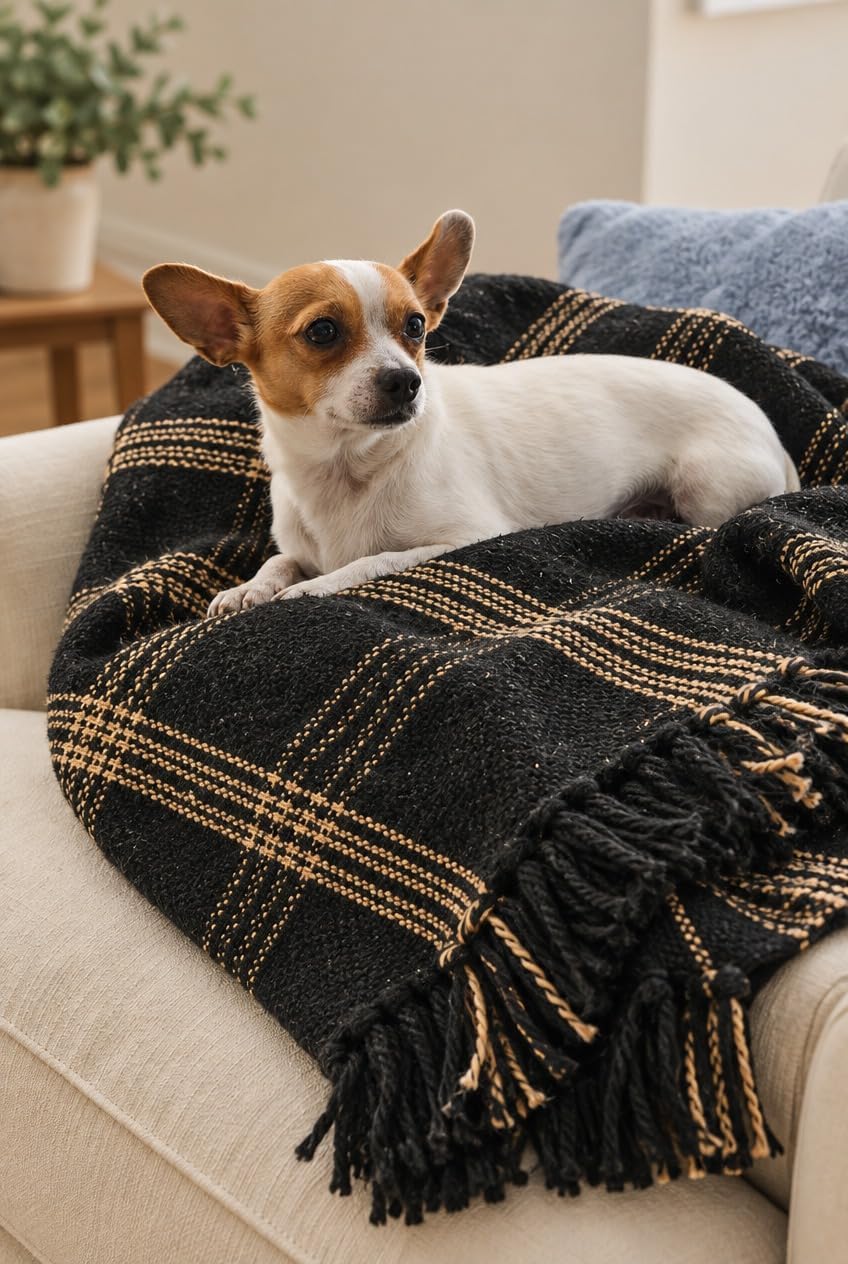 Plaid Black & Tan Fringed Woven Cotton Blend Throw