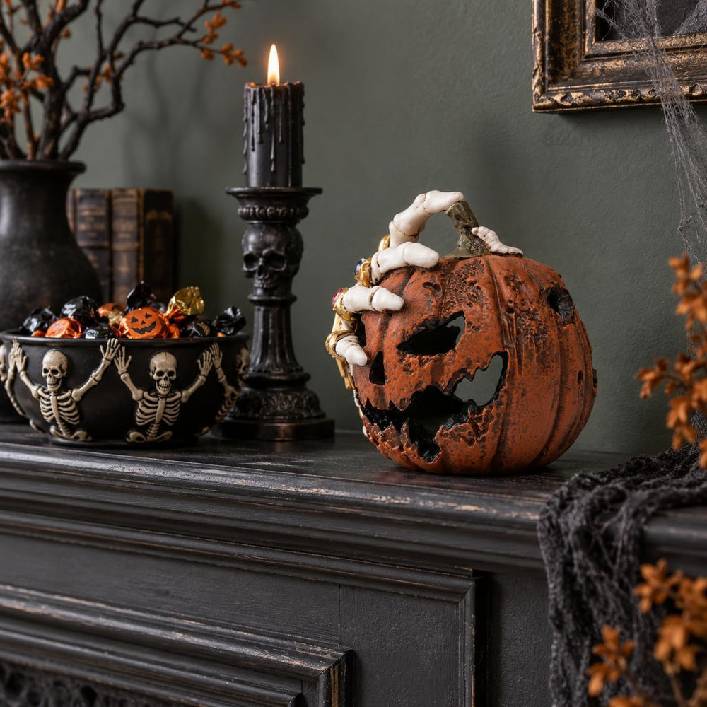 Halloween Jack O Lantern with Skeleton Hand, Green LED Pumpkin Light