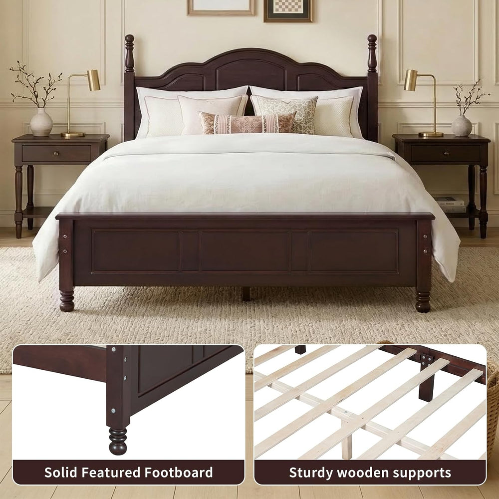 Dark Walnut Wood Bed Frame Full Size with Wave Shaped Headboard