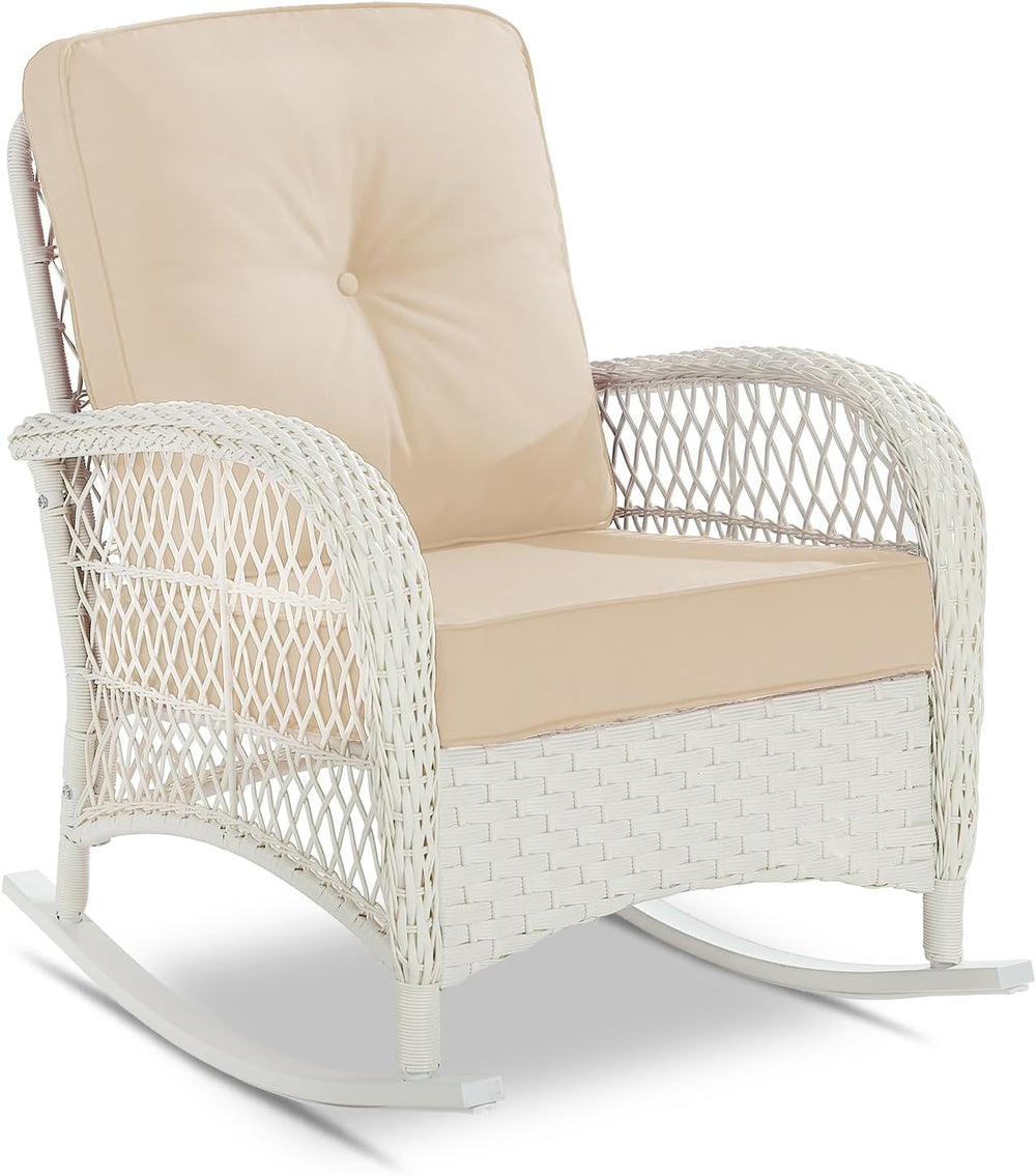 VIVIJASON Outdoor Wicker Rocking Chair, Patio Rattan Rocker Chair with Cushio...
